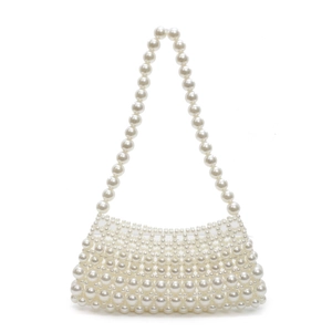 Handmade cream pearl beaded crossbody handbag with elegant vintage weaving design