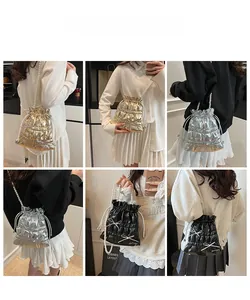 Six angles of glossy drawstring bucket bag with pearl strap and bow detail on model