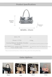 Size chart showing 25cm width cylindrical PU leather handbag with bow detail dimensions
