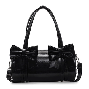 Glossy black bow-knot cylinder bag with silver hardware and adjustable crossbody strap