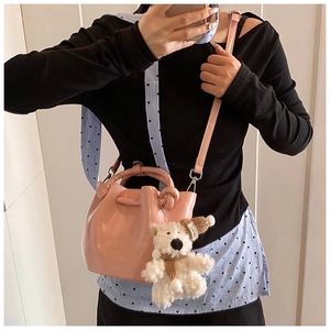 Women pink bucket bag retro PU leather handbag cute bear pendant casual shoulder crossbody bag