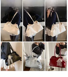 Detailed views of multi-colored tote bags with delicate lace bow accents for women