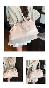 Detail of light pink tote bag featuring lace bow, pearl accents and soft pleated texture