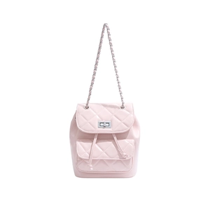 Pink quilted backpack for women with silver turn-lock and chain strap on white background