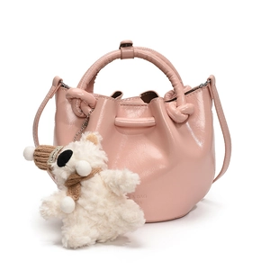 Pink bucket bag for women stylish PU leather shoulder crossbody bag with cute plush bear charm