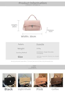 Detailed chart showing faux suede handbag dimensions and multi-color options available