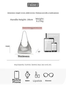 Detailed dimensions of silver metallic hobo bag with a height of 30cm and 25.5cm width