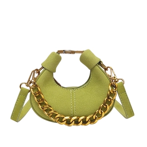 Minimalist green crescent handbag with gold chain strap for women in high quality suede