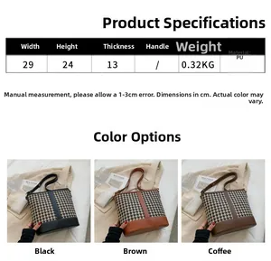 Detailed dimension chart and color variants of the houndstooth pattern bucket bag