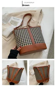 Detailed views of brown houndstooth bucket bag with leather trim and adjustable strap
