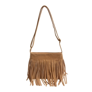 Sac bandoulière bohème rétro marron mat avec de longues franges et une sangle réglable