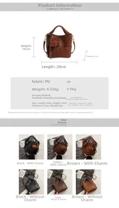 Detailed technical drawing of PU leather bucket bag with dimensions and color swatches