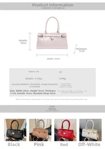 Detailed view of glossy PU leather bag with dimensions and metal triangle hardware
