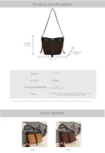Detailed size chart and brown vintage messenger bag with metal studs and PU suede finish