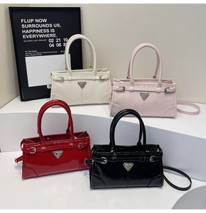 Polished leather handbags in four colors featuring a triangular metal logo and side buckles