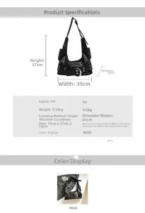 Size chart showing dimensions for a black punk PU leather motorcycle shoulder bag
