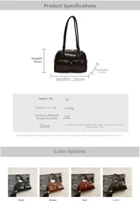Detailed size parameters and color options for the PU leather shoulder bag with pockets