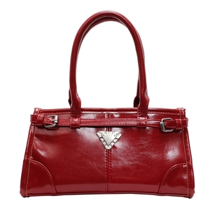 Minimalist deep red glossy tote bag with dual handles and silver buckle details