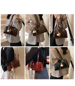 Collage of chic leather underarm bags in brown, burgundy and black on a model