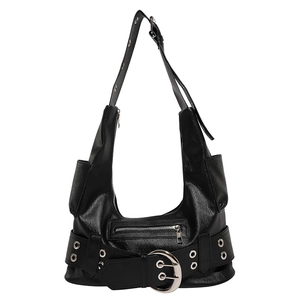 Cool punk style black shiny leather shoulder bag with silver buckles and rivets