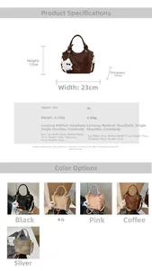 Größentabelle für Damenhandtasche 23x17x10cm mit fünf verfügbaren Farbvarianten