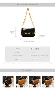 Size chart for suede shoulder bag featuring dimensions 20x12x5cm and chain strap detail