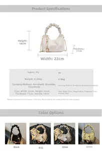 Detailed dimension chart and material specs for the pleated cloud handbag in four colors