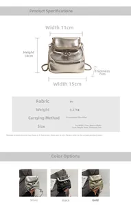 Detailed size specifications and color options for the mini metallic PU crossbody bag