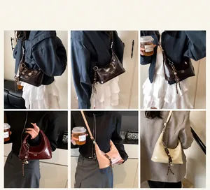 Detailed views of vintage crescent bags in brown, burgundy, pink, and beige faux leather