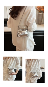 Detailed views of a silver metallic chain mini bag featuring a classic clasp closure