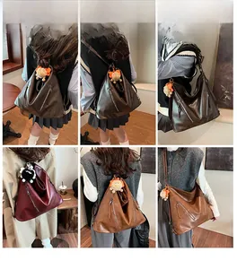 Collage of retro soft leather shoulder bags in coffee, burgundy, and caramel tones