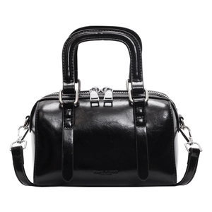 Glossy black Boston handbag with silver hardware and detachable crossbody strap