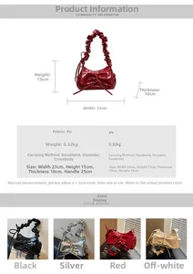Detailed size chart for ruched faux leather handbag with ballet bow and shoulder strap