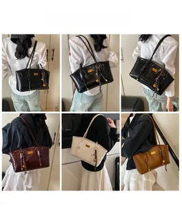Detail shots of minimalist underarm bags in black, burgundy, beige, and brown finishes