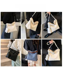 Detailed views of casual denim tote bag with adjustable strap and matching pouch