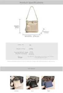 Detailed size and material chart for large denim-style PU tote bag with dimensions