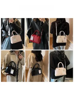 Detail view of stylish square handbags in four colors showing top handles and strap