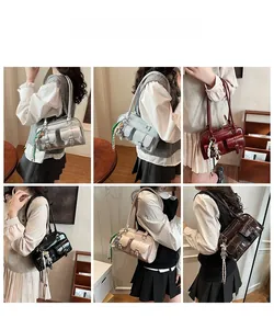 Collage of six chic vintage PU leather shoulder bags in various colors on models