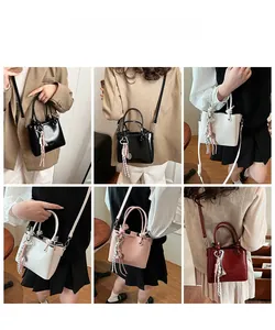Multiple style showcase of a glossy bucket bag in black, white, pink and burgundy