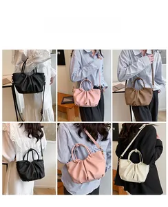 Vues détaillées de sacs seaux froncés en quatre couleurs avec bandoulière réglable