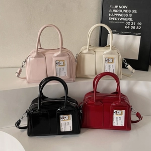 Glossy PU leather mini Boston bags in pink, white, black, red with cartoon card slot
