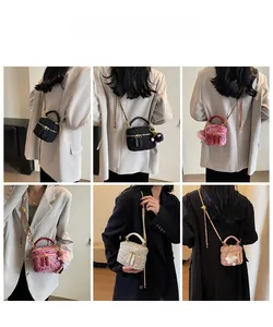 Multiple views of tweed quilted chain bags worn by a model in black and white colors