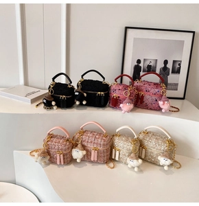 Multiple mini chain bucket bags in tweed and suede textures with cute plush pendants