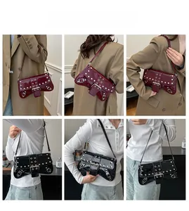 Detail shots of chic punk shoulder bags with silver rivet studs and glossy patent finish
