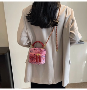 Detail of pink tweed crossbody bag with gold chain strap and red leather handle