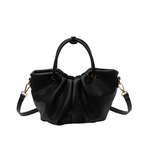 Sac à main classique en cuir noir à motif litchi avec design plissé et détails dorés