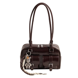 Dark brown glossy multi-pocket shoulder bag with silver bear charm and double handles