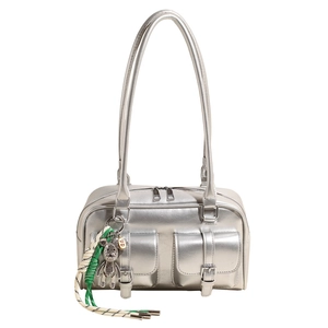 Silver metallic Boston underarm bag with double front pockets and bear charm