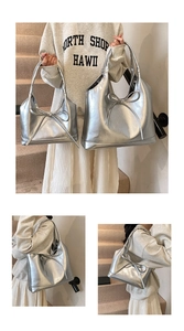 Detail showing two sizes of metallic silver oil wax leather tote bags with bow decoration
