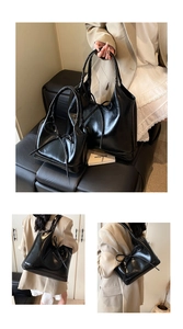 Polished black oil wax leather tote bag featuring a decorative bow tie and double sizes